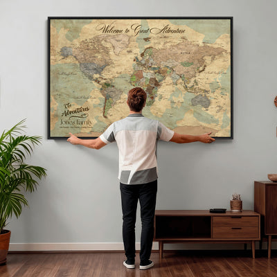 Personalized Framed Navy Vintage Push Pin World Map Wall Art, Places Visited Tracker, Bedroom and Hallway Decor