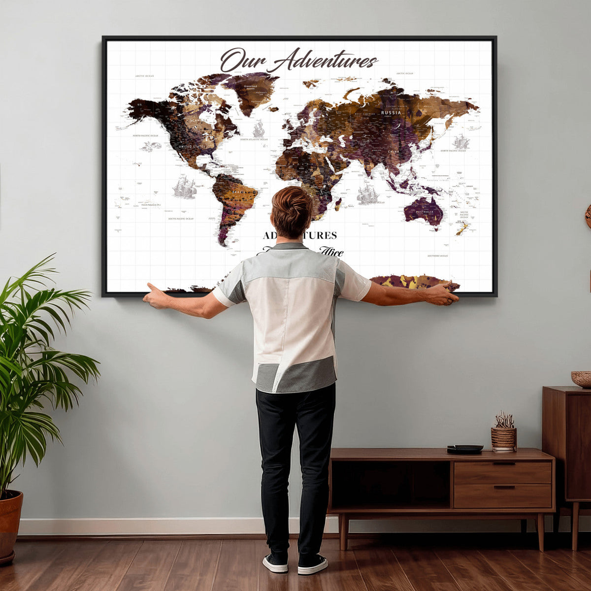 Personalized Framed Beige Vintage Push Pin Travel Map Canvas Print, Next Trip Planner Map, Home Office and Entryway Decor