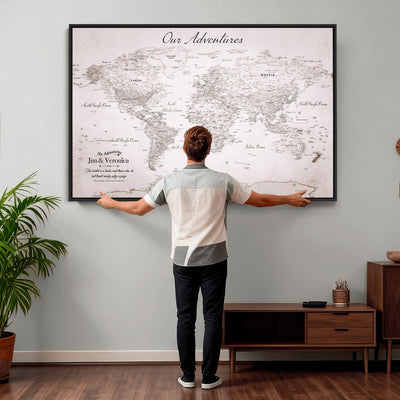 Personalized Beige Vintage World Travel Map Wall Art with Pins, Honeymoon and Anniversary Gift, Entryway and Hallway Decor