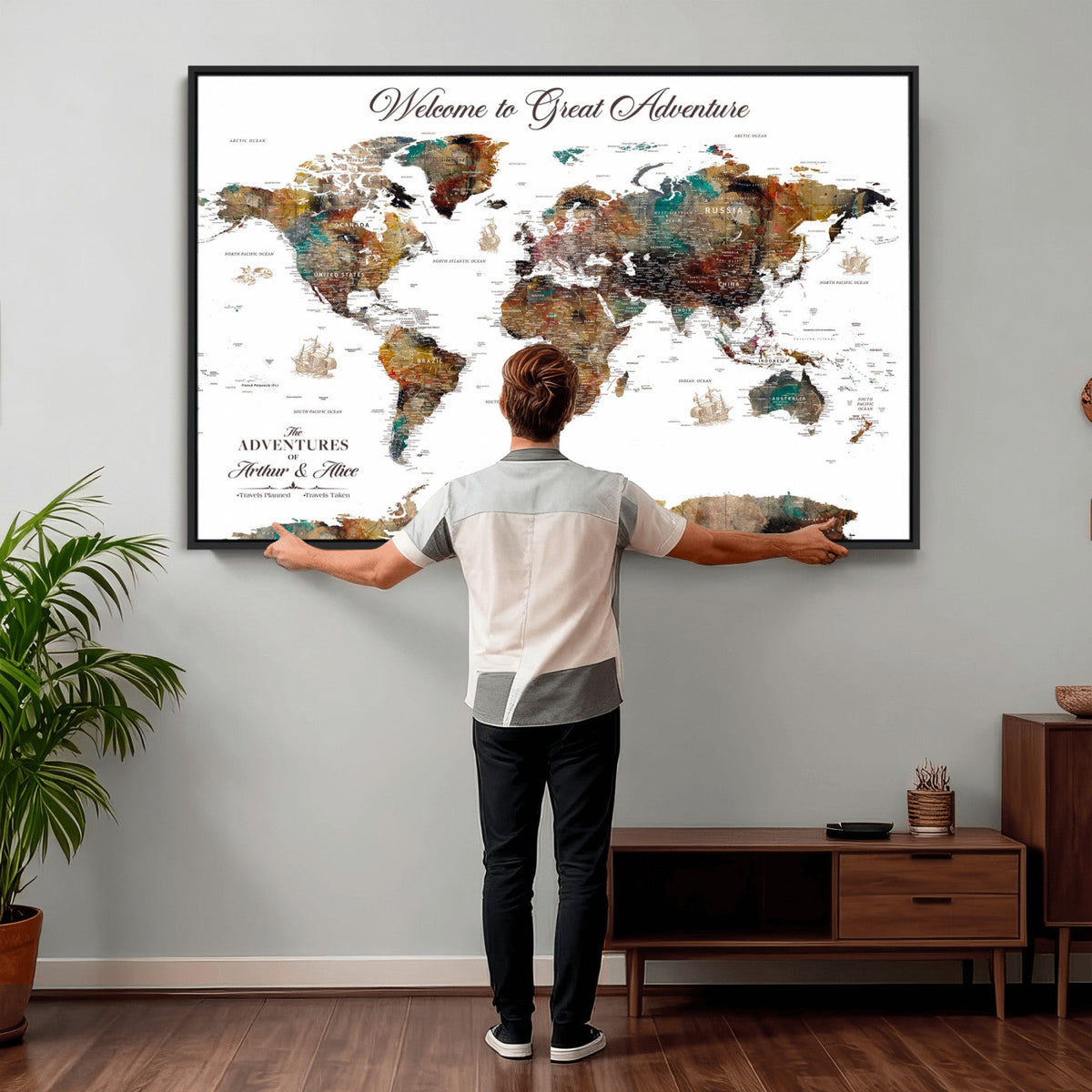 Custom Framed Beige Modern Push Pin World Map Wall Art, Couples Countries Visited Map, Study and Entryway Decor