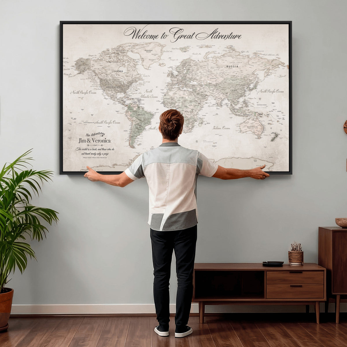 84311132-MGV-CV-36X24 - Personalized Beige World Map Canvas with Push Pins, Places Visited Tracker, Family Room and Entryway Decor