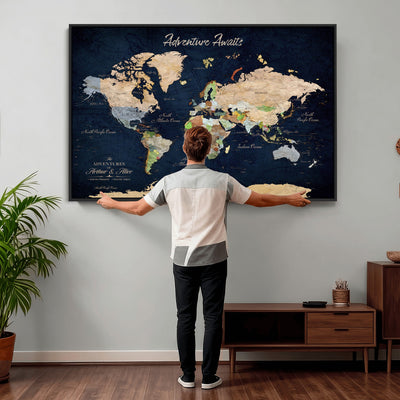 Personalized Beige Antique Push Pin Travel Map Canvas Print, Bucket List Map, Dining Room and Entryway Decor