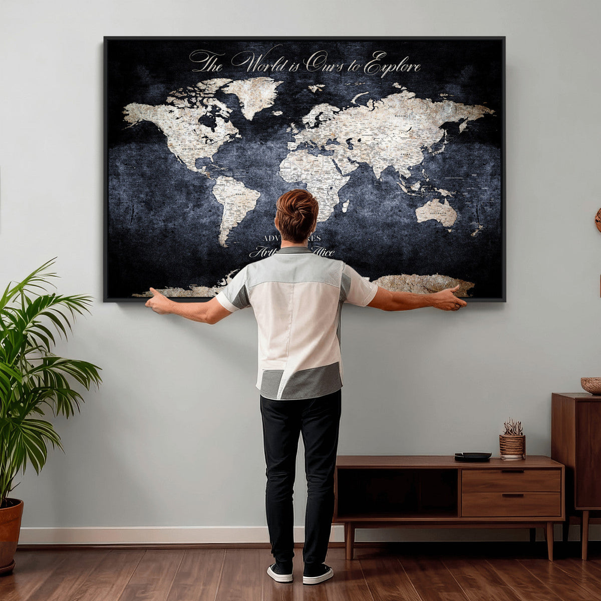 Personalized Beige Modern Push Pin Travel Map Canvas Print, Places Visited Tracker, Study and Entryway Decor