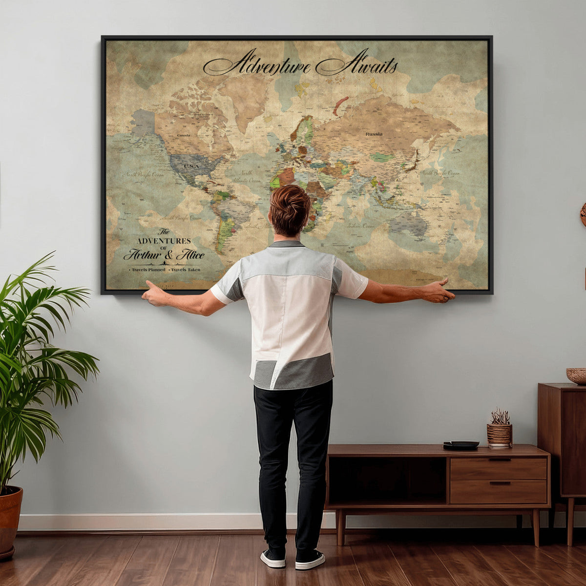 Custom Beige World Travel Map Wall Art with Pins, Bucket List Map, Dining Room and Study Decor