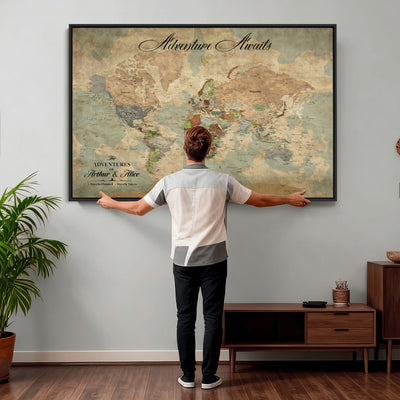 Custom Beige World Travel Map Wall Art with Pins, Bucket List Map, Dining Room and Study Decor