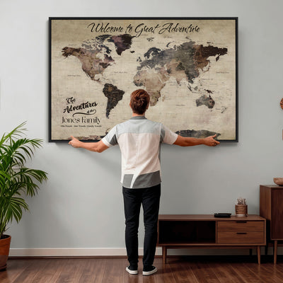 Custom Beige Modern Push Pin World Map Wall Art, Honeymoon and Anniversary Gift, Dining Room and Study Decor