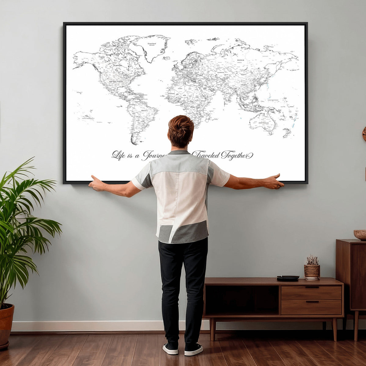 Personalized Framed Beige Modern Push Pin Travel Map Canvas Print, Couples Countries Visited Map, Living Room and Family Room Decor