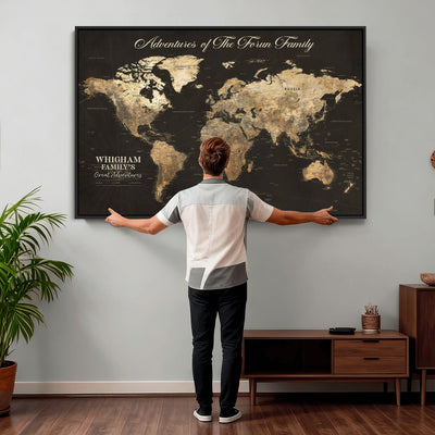 Personalized Framed Beige World Travel Map Wall Art with Pins, Couples Countries Visited Map, Family Room and Dining Room Decor
