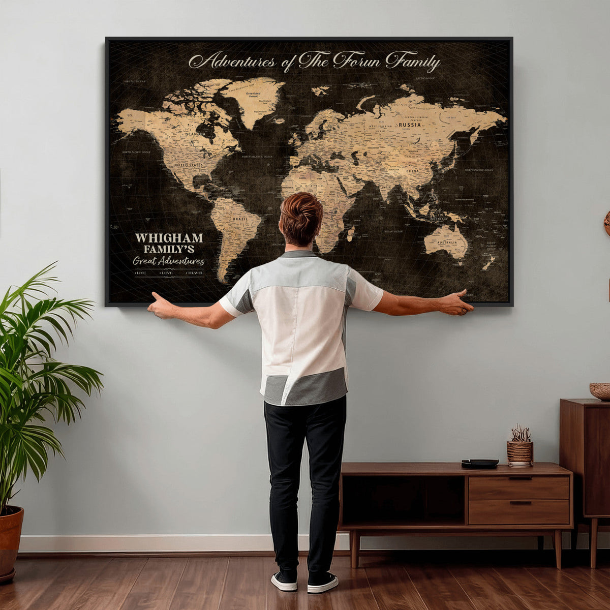 Personalized Framed Beige Geometric Push Pin Travel Map Canvas Print, Honeymoon and Anniversary Gift, Dining Room and Hallway Decor
