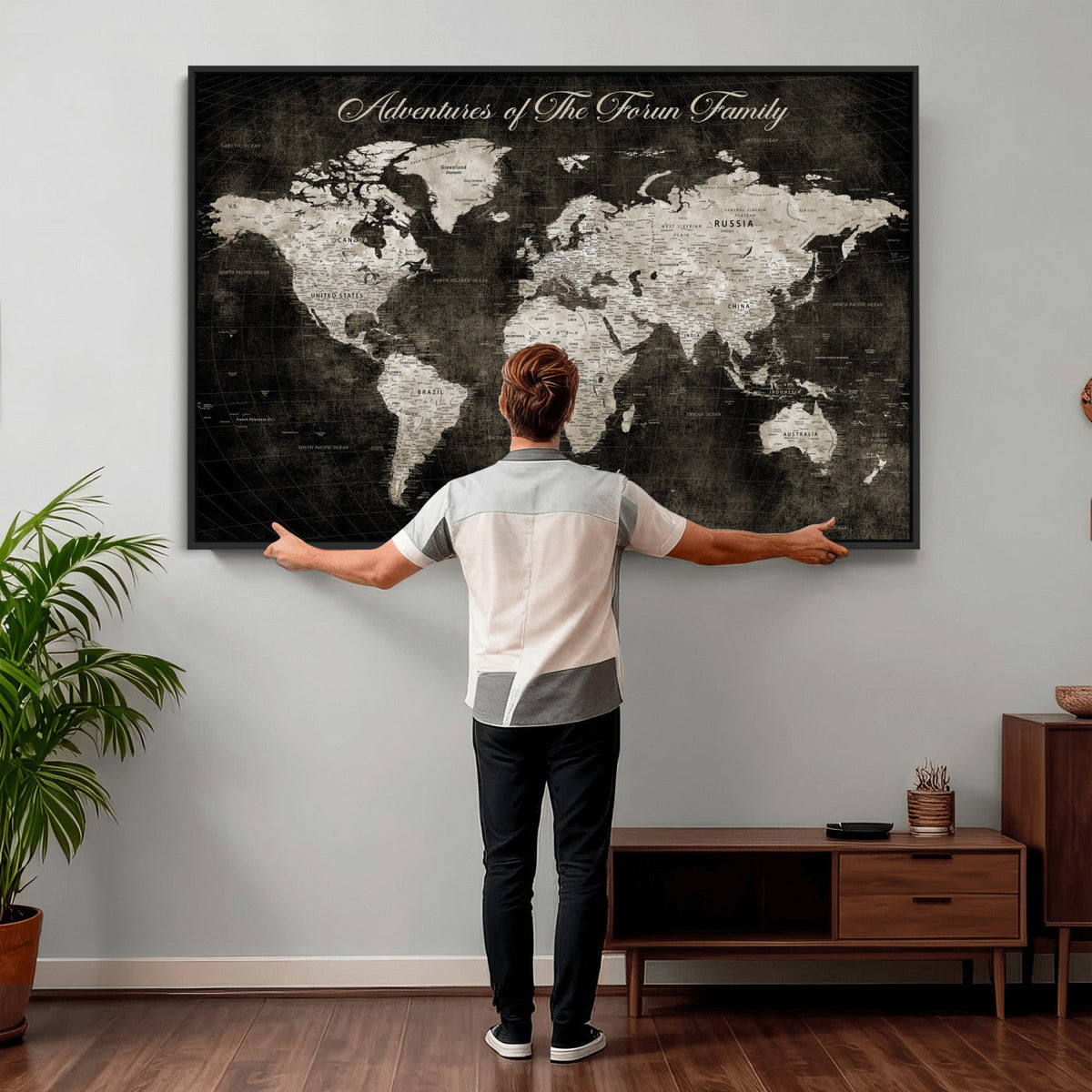 Personalized Framed Beige Push Pin World Map Canvas Print, Couples Countries Visited Map, Dining Room and Study Decor