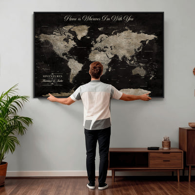 Personalized Framed Black Geometric World Map Canvas with Push Pins, Bucket List Map, Living Room and Dining Room Decor
