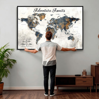 Custom Framed Beige Geometric World Travel Map Wall Art with Pins, Places Visited Tracker, Family Room and Home Office Decor