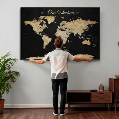 Personalized Framed Beige Push Pin World Map Canvas Print, Family Travel Tracker, Bedroom and Home Office Decor
