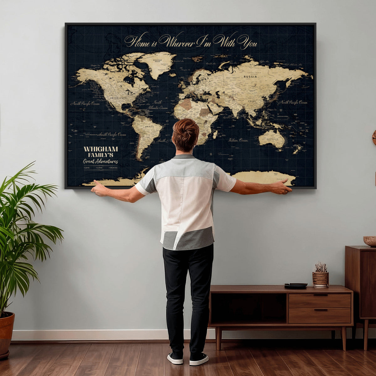 Personalized Framed Beige Geometric Push Pin World Map Wall Art, Couples Countries Visited Map, Bedroom and Hallway Decor