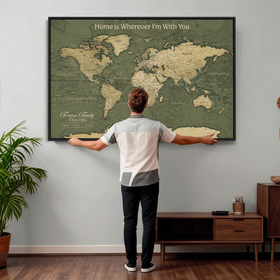 31715895-MGV-CV-36X24 - Custom Push Pin World Map Wall Art Canvas Print | Personalized Travel Tracker with Pins Framed Large for Home and Office Decor