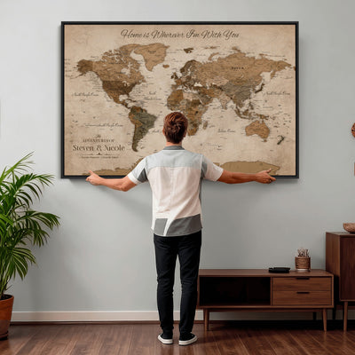 Personalized Framed Beige World Map Canvas with Push Pins, Honeymoon and Anniversary Gift, Living Room and Hallway Decor