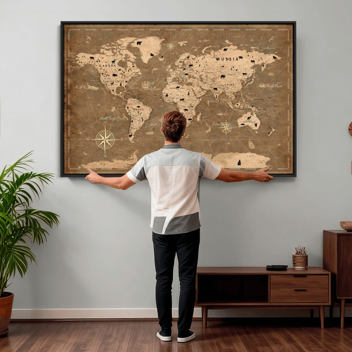 16235283-MGV-CV-36X24 - Custom World Travel Map Wall Art with Pins, Family Travel Tracker, Living Room and Bedroom Decor