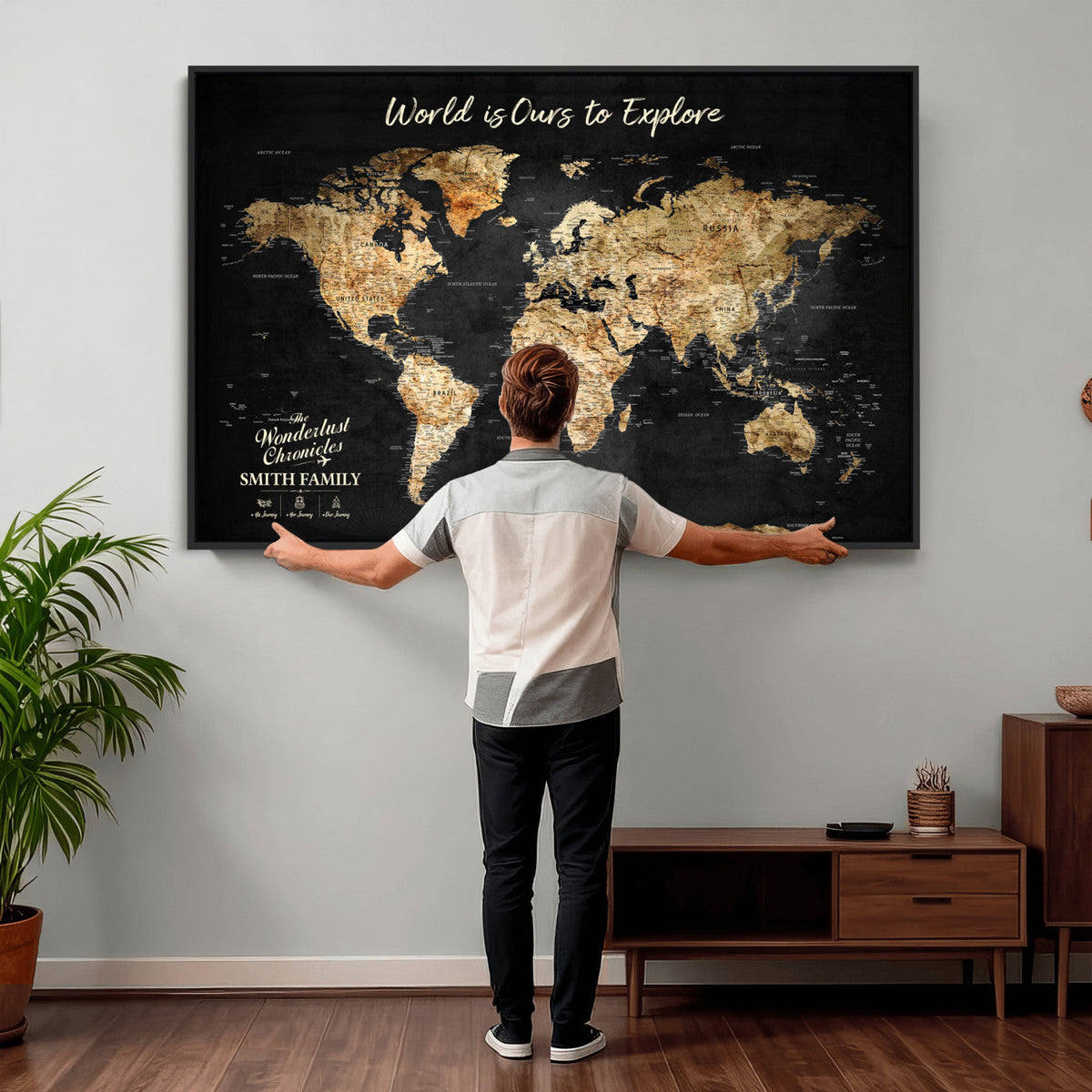 73732636-MGV-CV-36X24 - Custom Push Pin World Map Wall Art Canvas Print | Personalized Travel Tracker with Pins Framed Large for Home and Office Decor