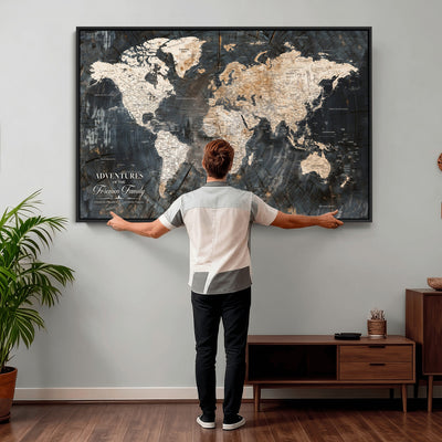 Personalized Framed Beige Push Pin World Map Canvas Print, Bucket List Map, Living Room and Hallway Decor