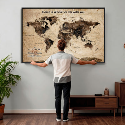 Personalized Framed Beige Modern World Travel Map Wall Art with Pins, Family Adventure Map, Living Room and Hallway Decor
