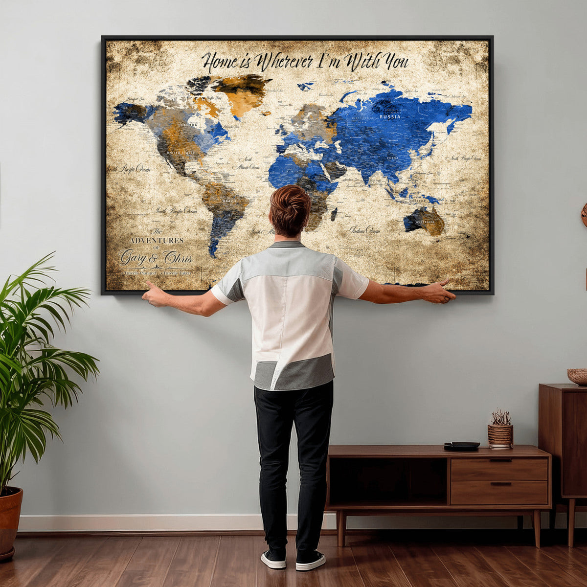 Personalized Framed Beige World Map Canvas with Push Pins, Honeymoon and Anniversary Gift, Living Room and Home Office Decor