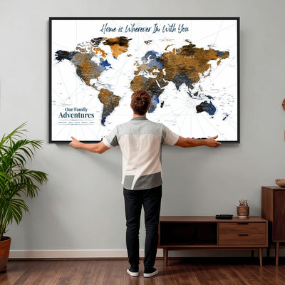 Personalized Framed Beige Modern Push Pin World Map Wall Art, Next Trip Planner Map, Family Room and Home Office Decor