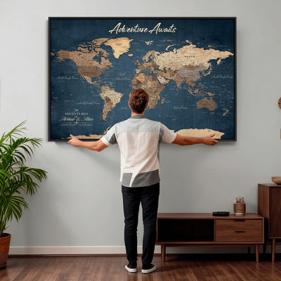 Personalized White Vintage World Travel Map Wall Art with Pins, Next Trip Planner Map, Family Room and Dining Room Decor