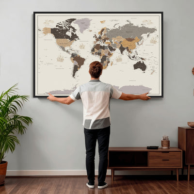 58777746-MGV-CV-36X24 - Custom Beige Modern Push Pin World Map Canvas Print, Places Visited Tracker, Bedroom and Study Decor