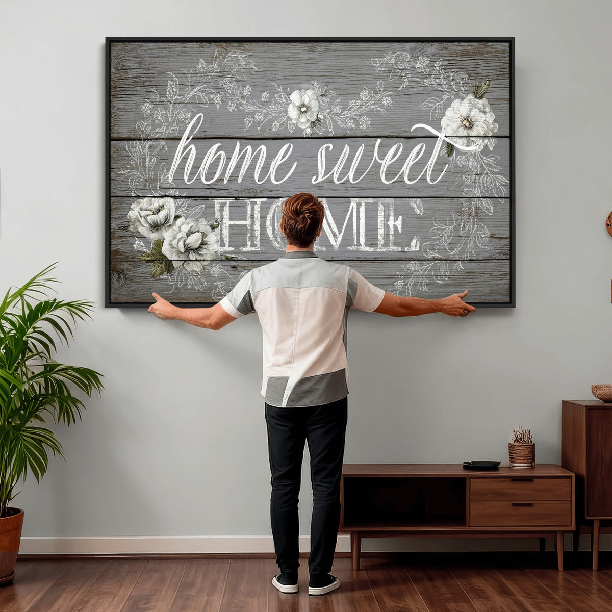 Home Sweet Home Sign Wall Art Canvas Print, Floral Farmhouse Decor