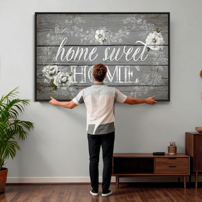 Home Sweet Home Sign Wall Art Canvas Print, Floral Farmhouse Decor