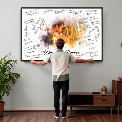74713307-MGV-CV-36X24 - Wedding Guest Book Alternative Wall Art Canvas Print, Personalized Couple Photo Guestbook Wedding Signature Poster, Custom Couple Photo Guestbook Canvas, Bridal Shower Reception Decor