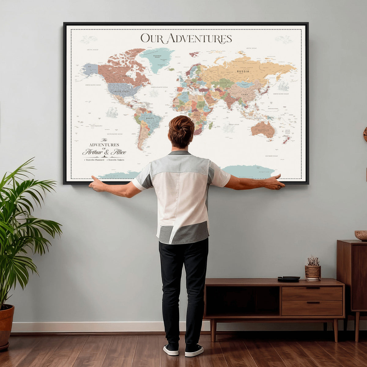 Personalized Framed Navy Push Pin World Map Canvas Print, Next Trip Planner Map, Living Room and Entryway Decor