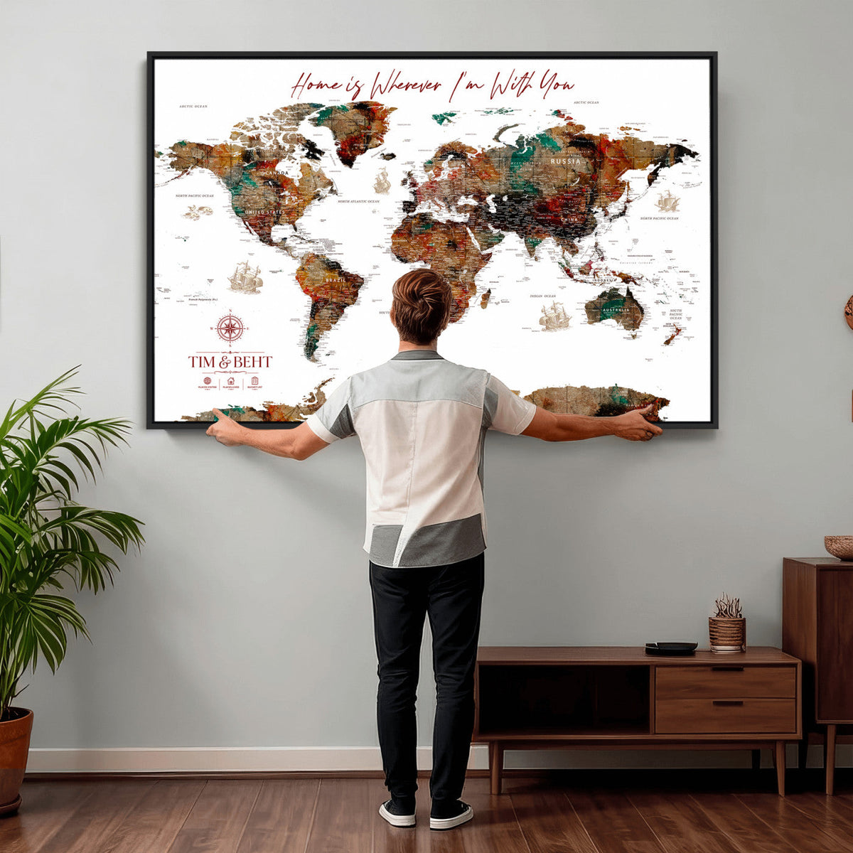 116MESUT-MGV-CV-36X24 - Custom Push Pin World Map Canvas Print | Personalized Travel Map Wall Art