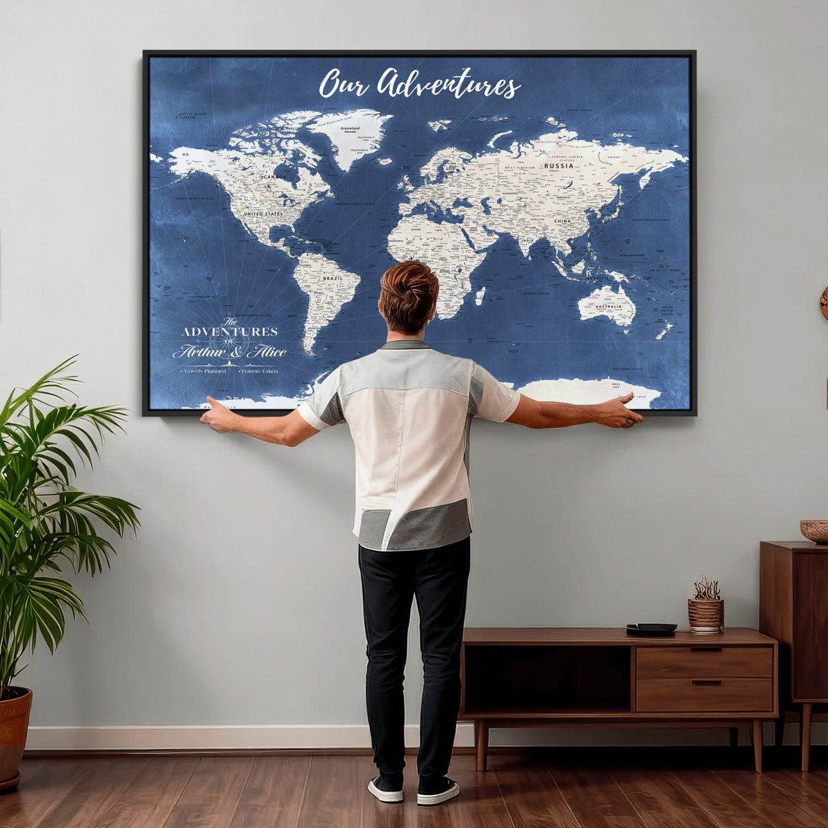 75405527-MGV-CV-36X24 - Extra Large Framed Personalize Push Pin World Map Wall Art Canvas Print for Travel Tracking - NEWMAP-113A