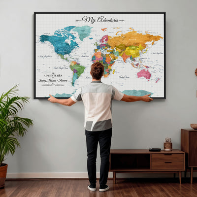 66743043-MGV-CV-36X24 - Extra Large Framed Personalize Push Pin World Map Wall Art Canvas Print for Travel Tracking - NEWMAP-131