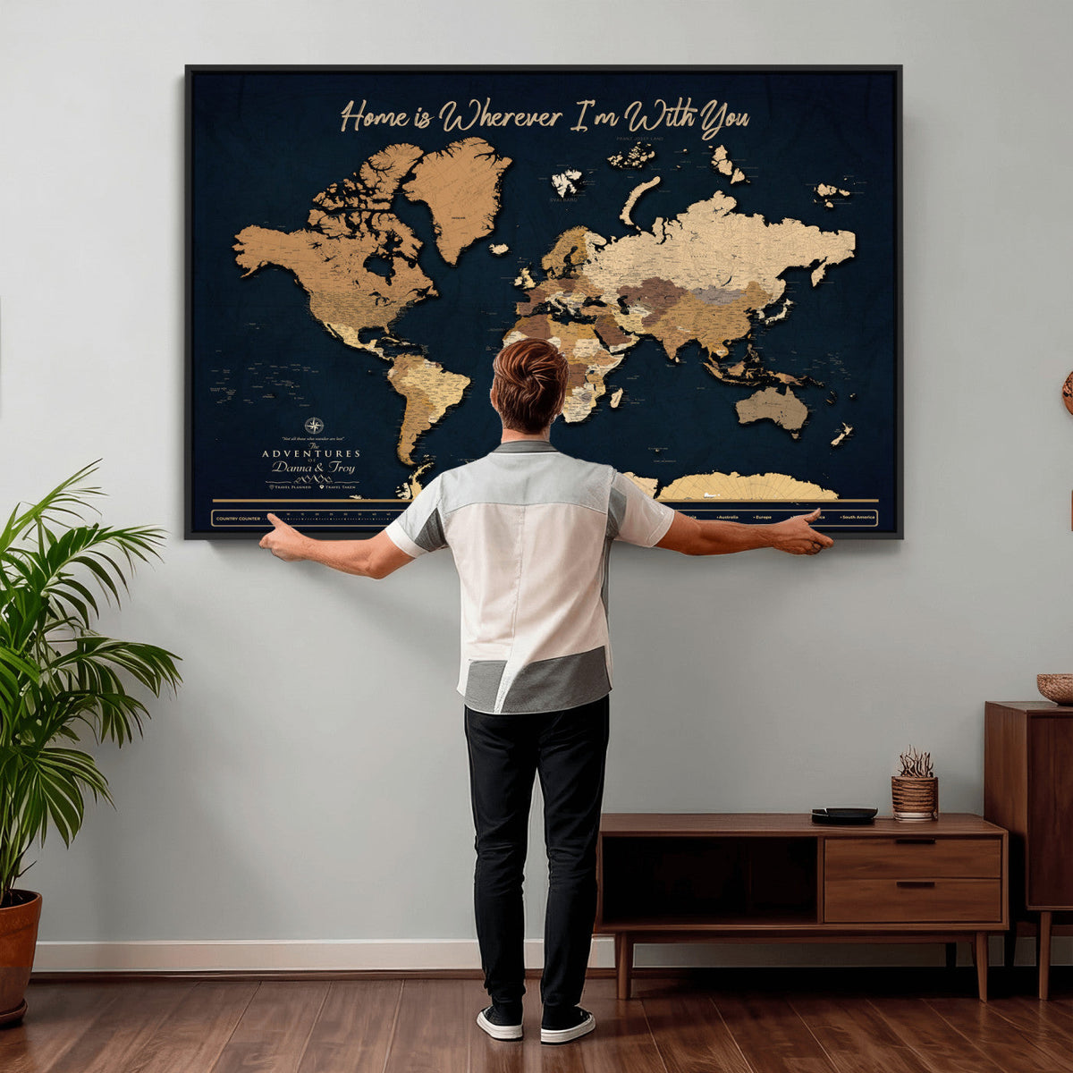 13903533-MGV-CV-36X24 - Extra Large Framed Personalize Push Pin World Map Wall Art Canvas Print for Travel Tracking - NEWMAP-152