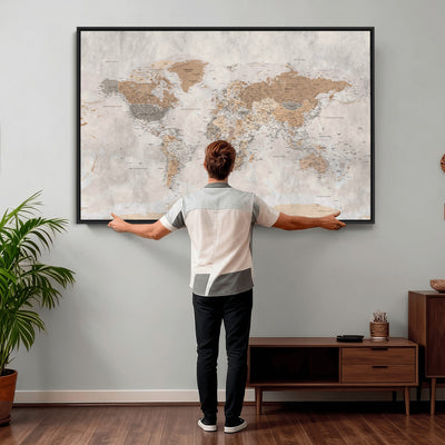 18074626DD-MGV-CV-36X24 - Extra Large Framed Personalize Push Pin World Map Wall Art Canvas Print for Travel Tracking NEWMAP - 009