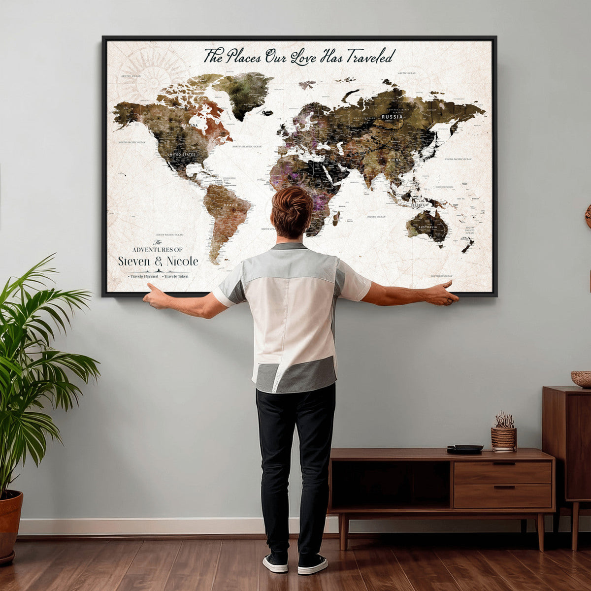 18074626D3D-MGV-CV-36X24 - Extra Large Framed Personalized Push Pin World Map Wall Art Canvas Print for Travel Tracking