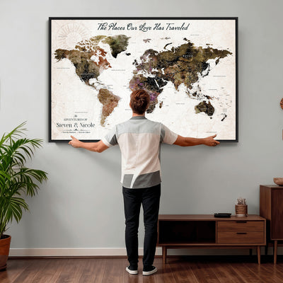 18074626D3D-MGV-CV-36X24 - Extra Large Framed Personalized Push Pin World Map Wall Art Canvas Print for Travel Tracking