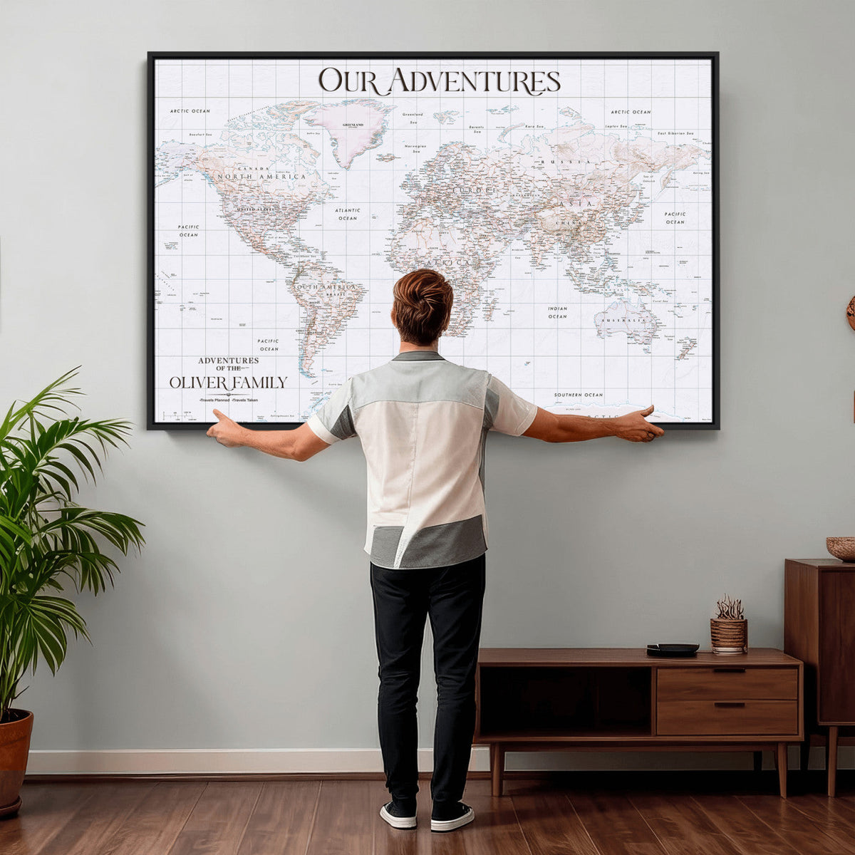 18074626D3DD-MGV-CV-36X24 - Extra Large Framed Personalized Push Pin World Map Wall Art Canvas Print for Travel Tracking