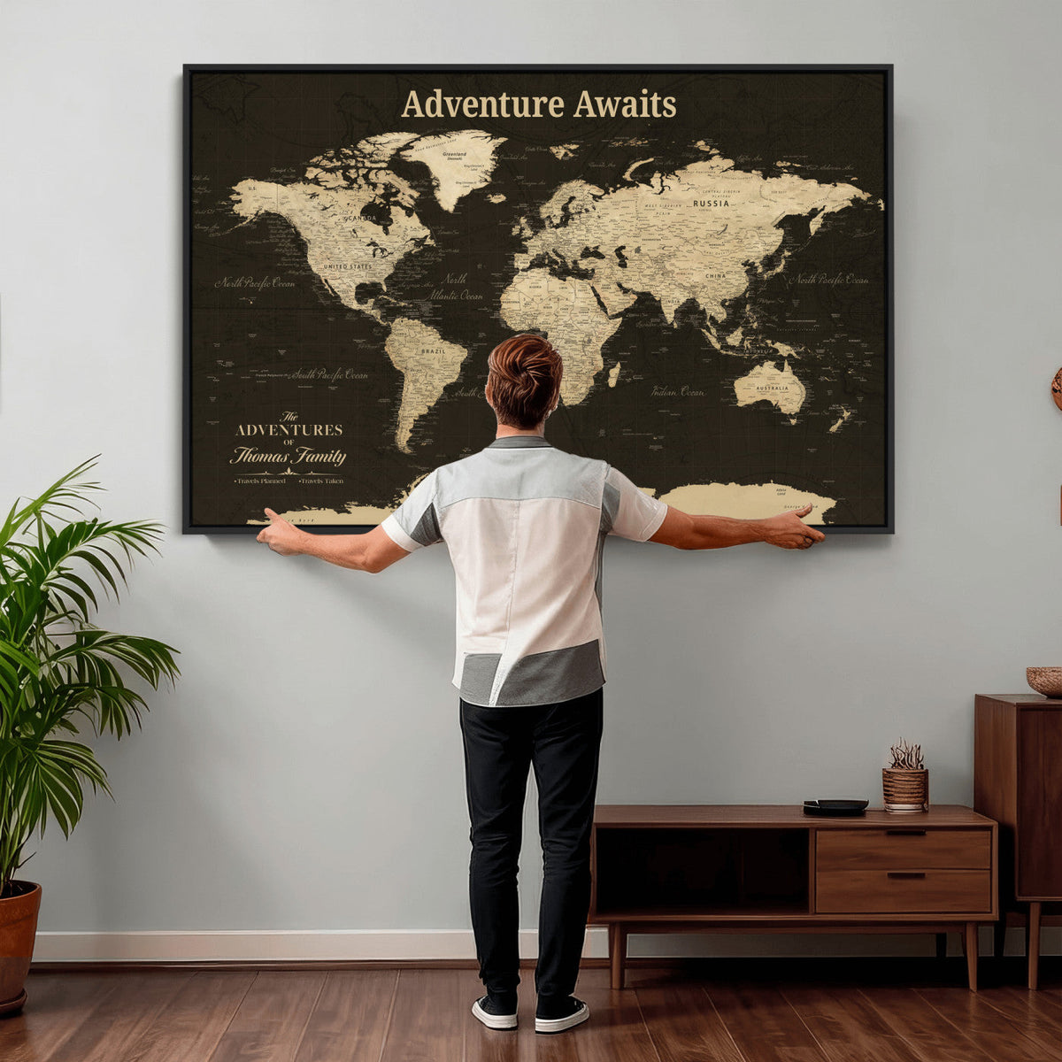 Custom Beige Modern World Travel Map Wall Art with Pins, Family Travel Tracker, Dining Room and Entryway Decor