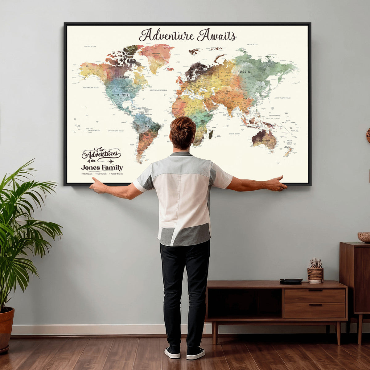 Personalized Framed Beige Modern Push Pin Travel Map Canvas Print, Family Travel Tracker, Bedroom and Home Office Decor