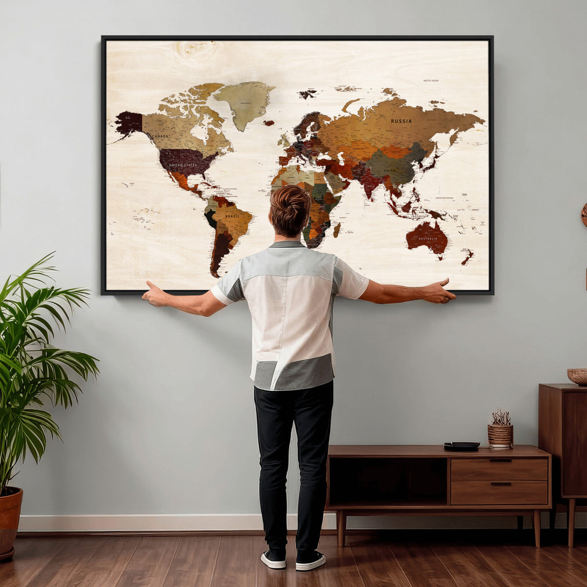 35728547D-MGV-CV-36X24 - Custom Push Pin World Map Wall Art Canvas Print – Personalized Travel Tracker with Pins Framed Large for Home and Office Decor