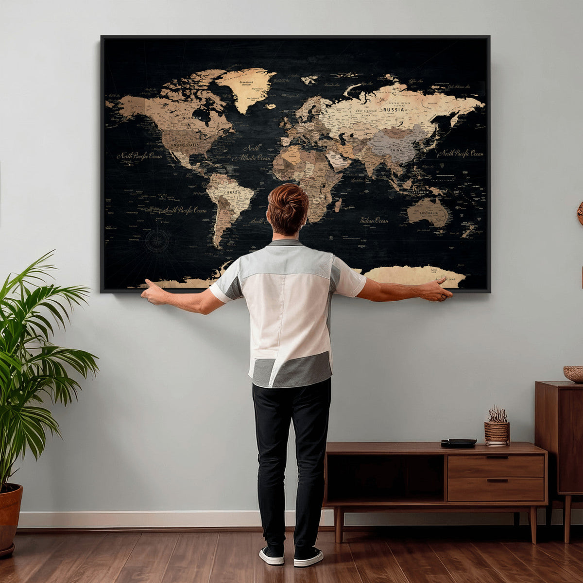 55335455D-MGV-CV-36X24 - Custom Push Pin World Map Wall Art Canvas Print – Personalized Travel Tracker with Pins Framed Large for Home and Office Decor