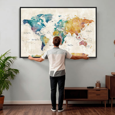 53654999D-MGV-CV-36X24 - Custom Push Pin World Map Wall Art Canvas Print – Personalized Travel Tracker with Pins Framed Large for Home and Office Decor