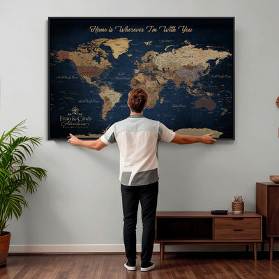 57774467D-MGV-CV-36X24 - Custom Push Pin World Map Wall Art Canvas Print – Personalized Travel Tracker with Pins Framed Large for Home and Office Decor