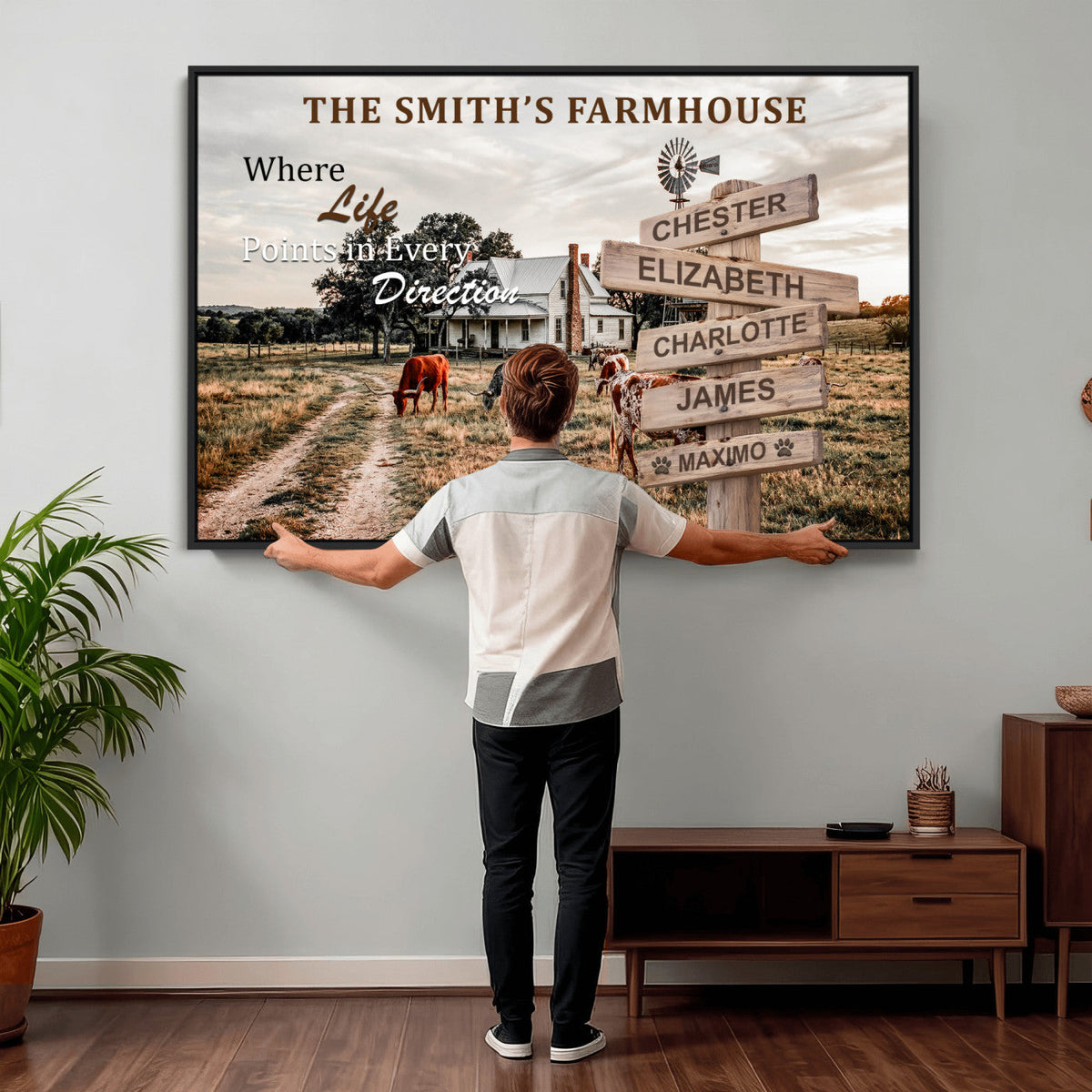 Personalized Farmhouse Family Signpost Canvas, Custom Name Wall Art