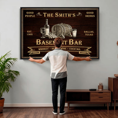 Custom Basement Bar Sign Canvas, Personalized Family Home Bar Wall Art