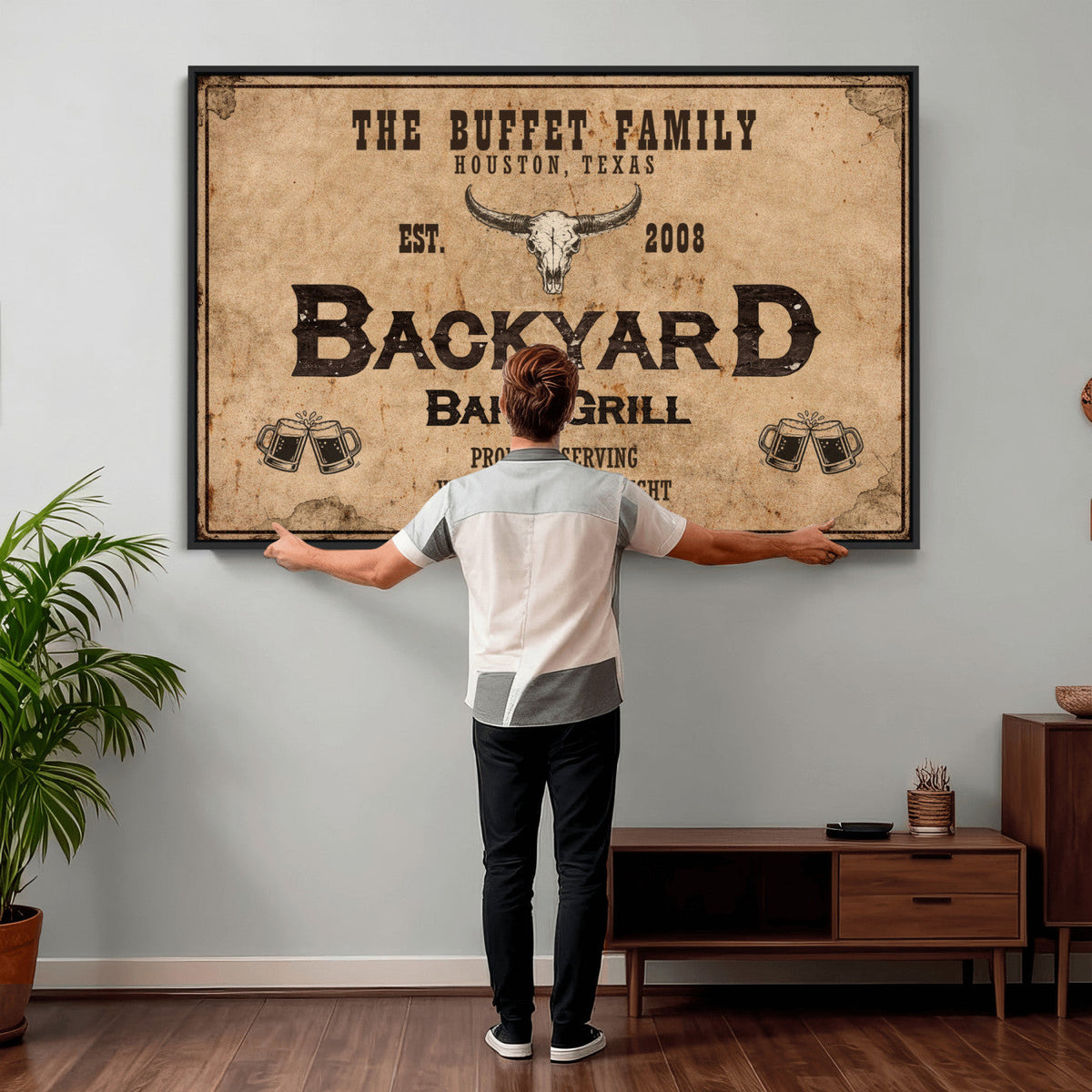 Custom Backyard Bar & Grill Sign Canvas, Personalized Family Name Sign