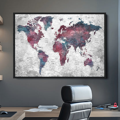 Push Pin World Map Canvas Print – Framed Wall Art for Couples to Track Their Travels – Anniversary Gift or Home Adventure Decor